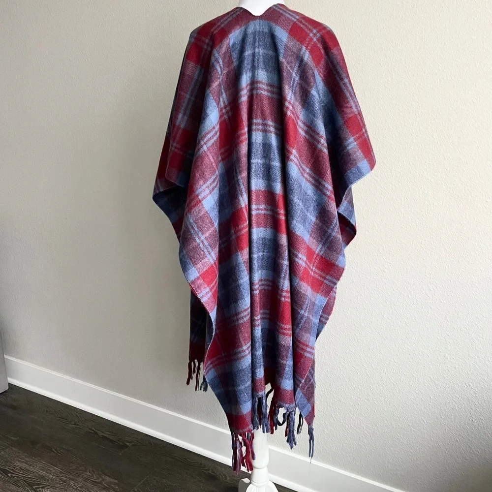 Vtg Specialty House Plaid Fringe Shawl Wrap Poncho Cape Red Blue Oversized Soft